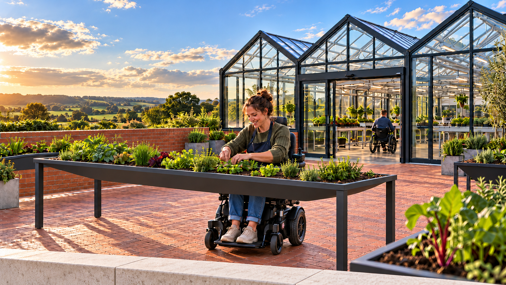 Concept of a glasshouse with raised growing beds, wide routes and people gardening, including wheelchair users